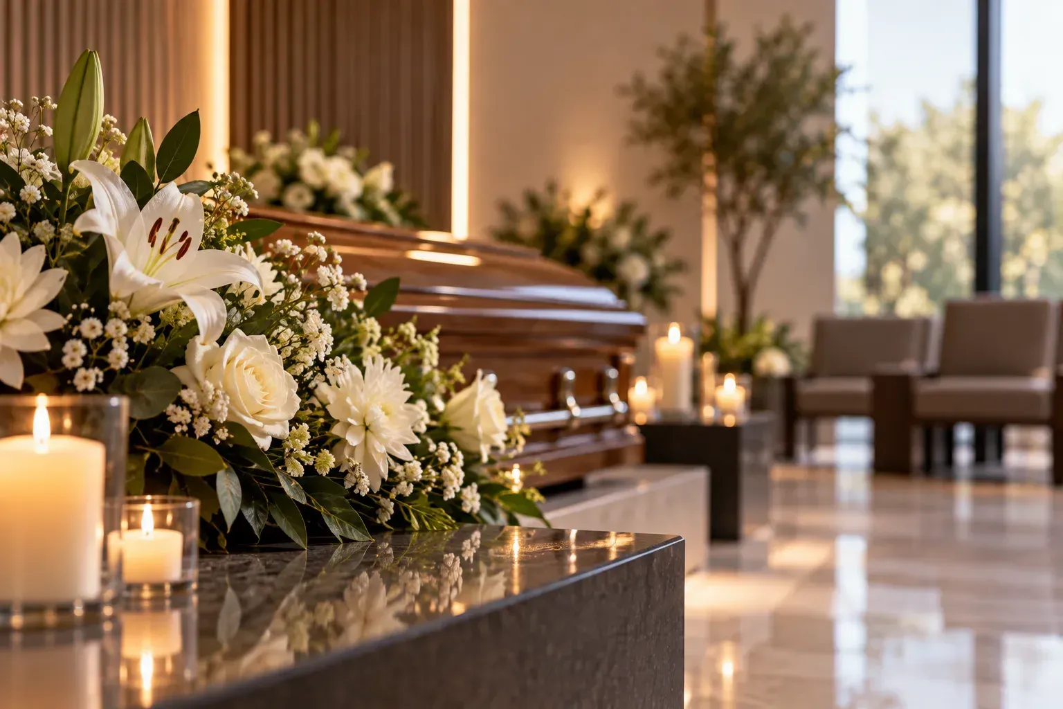 Ataúd funerario con flores blancas y velas en el pulido vestíbulo de una capilla