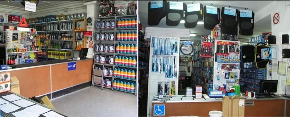 Dos fotografías de una tienda de repuestos para automóviles con un cartel para discapacitados en el mostrador.