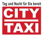 Ein rot-weißes Logo für City Taxi auf weißem Hintergrund.