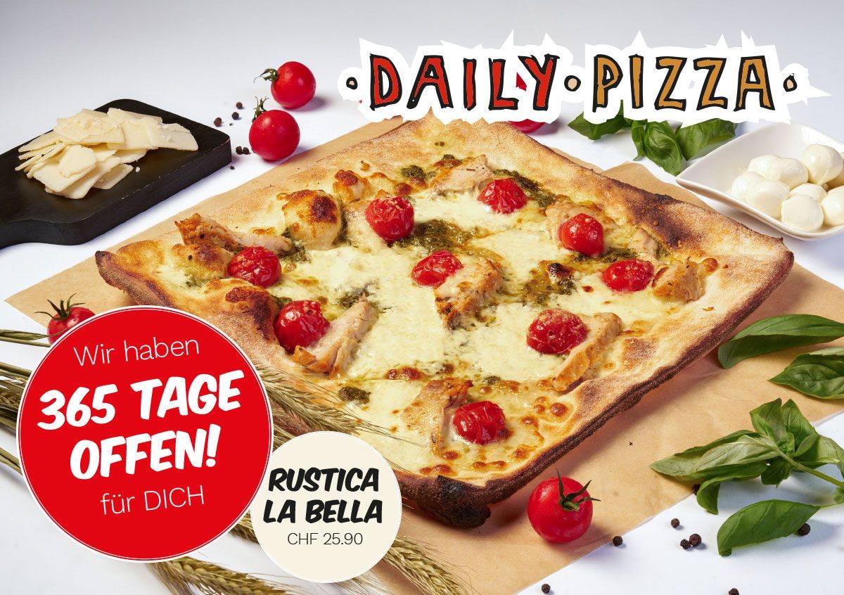 Ein Plakat für Daily Pizza zeigt eine Hand, die auf einen Haufen Münzen zeigt