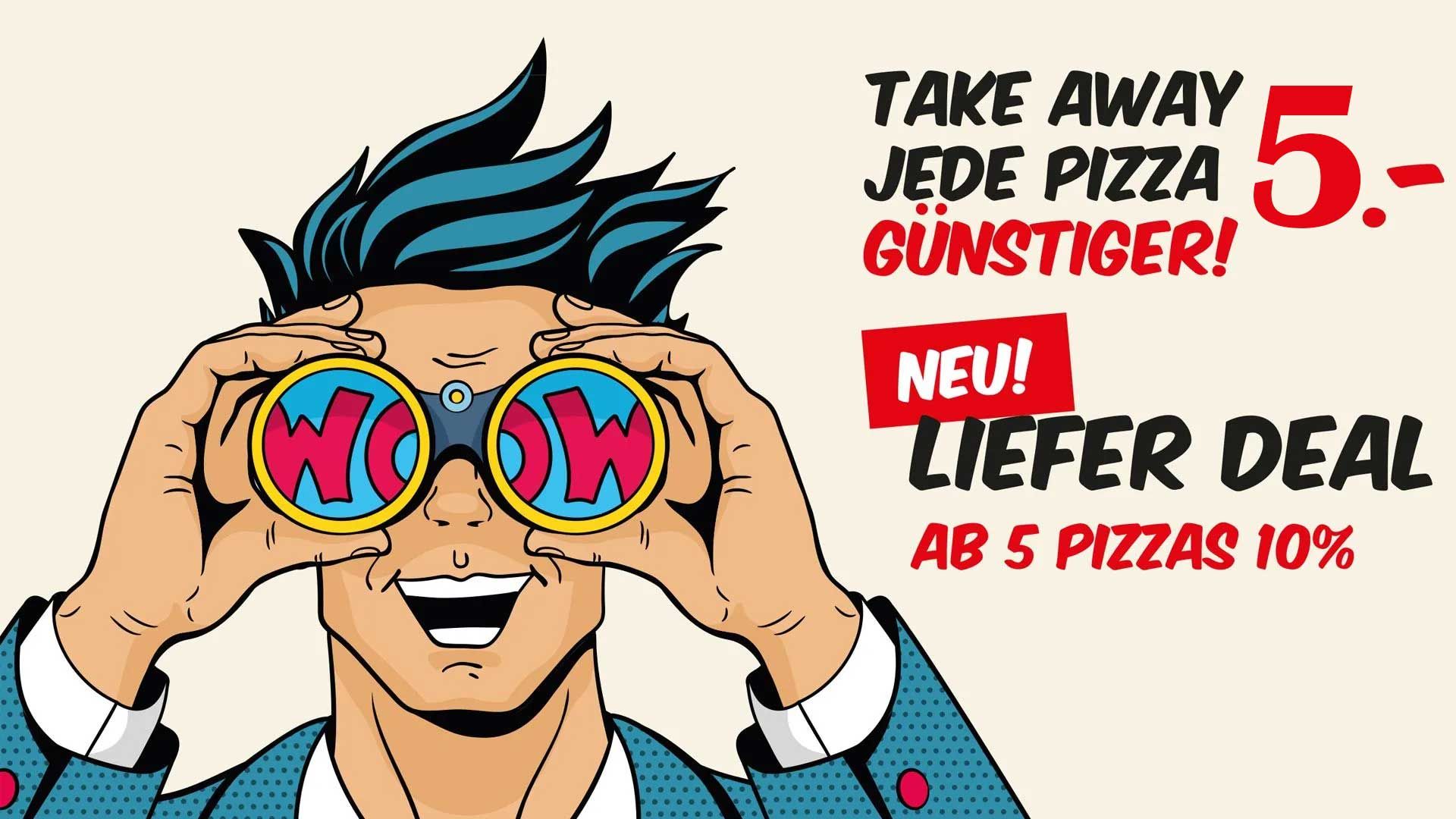 Eine Pizza mit Tomaten und Käse liegt auf einem Tisch mit einem Schild mit der Aufschrift „Pizza des Tages“