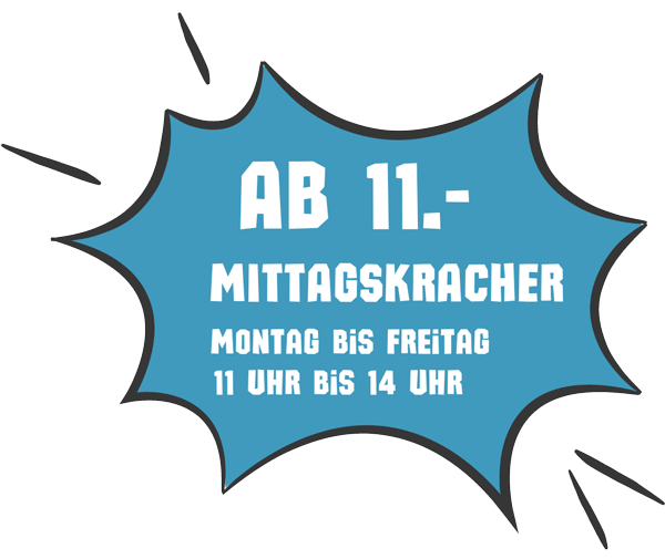 Eine blaue Sprechblase mit der Aufschrift „ab 11 Mittagskracher“