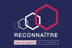 Logo avec des hexagones imbriqués blancs et rouges au-dessus du mot « RECONNAÎTRE » et « open recognition ALLIANCE » en dessous.