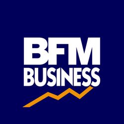 Logo BFM BUSINESS : texte blanc « BFM BUSINESS » sur un graphique orange ascendant, le tout sur fond bleu foncé.