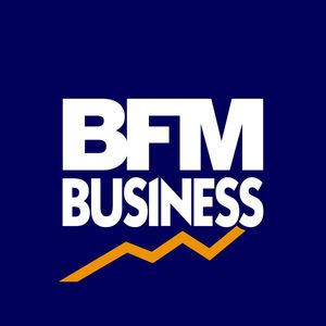 Logo BFM BUSINESS : texte blanc « BFM BUSINESS » sur un graphique orange ascendant, le tout sur fond bleu foncé.