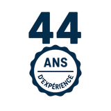 Logo « 44 ans d'expérience » : Chiffres bleus « 44 » au-dessus d'un badge à bordure bleue. Le badge porte l'inscription « ANS » au-dessus de « D'EXPERIENCE ».