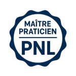 Sceau bleu foncé et blanc : texte « MAÎTRE PRATICIEN PNL ».