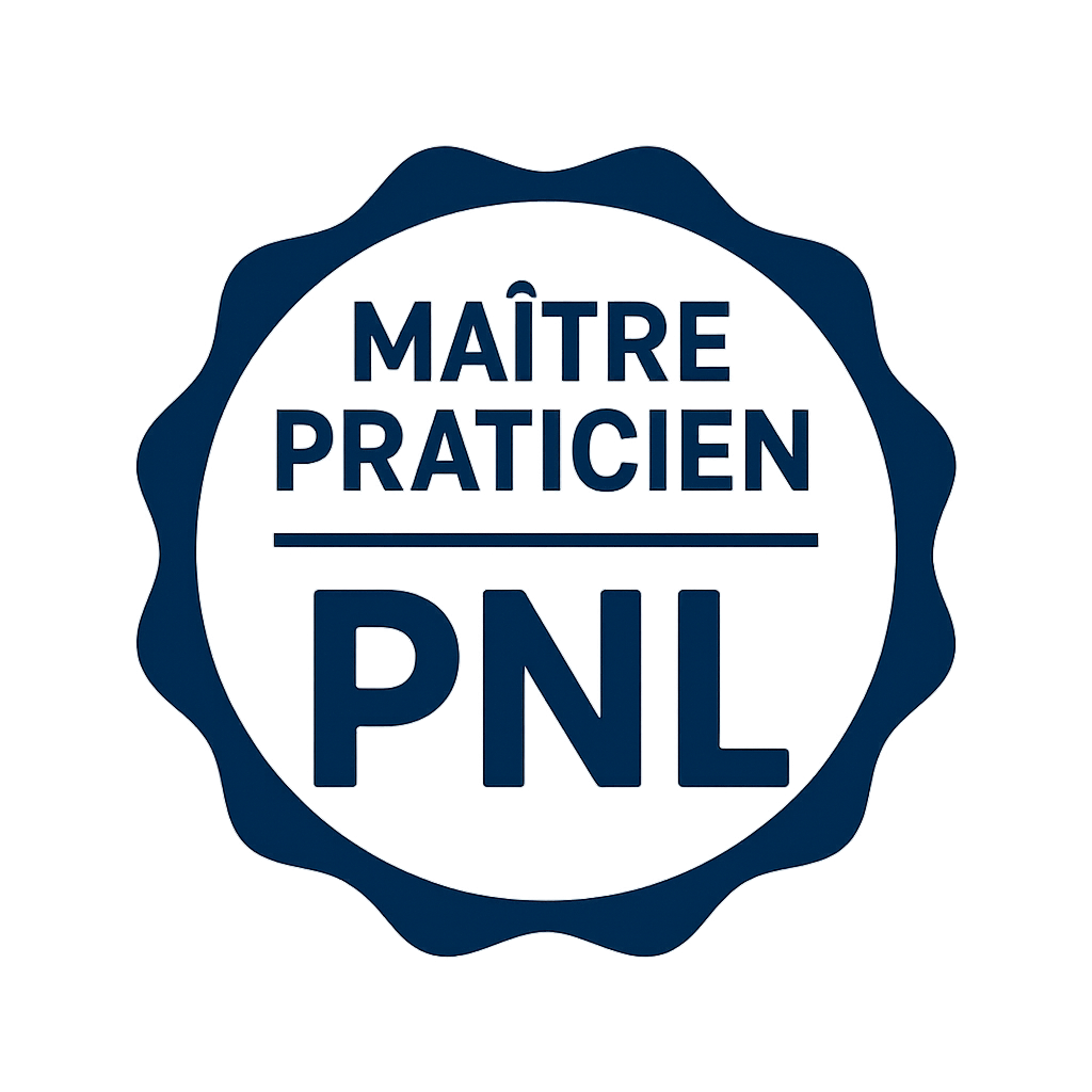 Sceau bleu foncé et blanc : texte « MAÎTRE PRATICIEN PNL ».