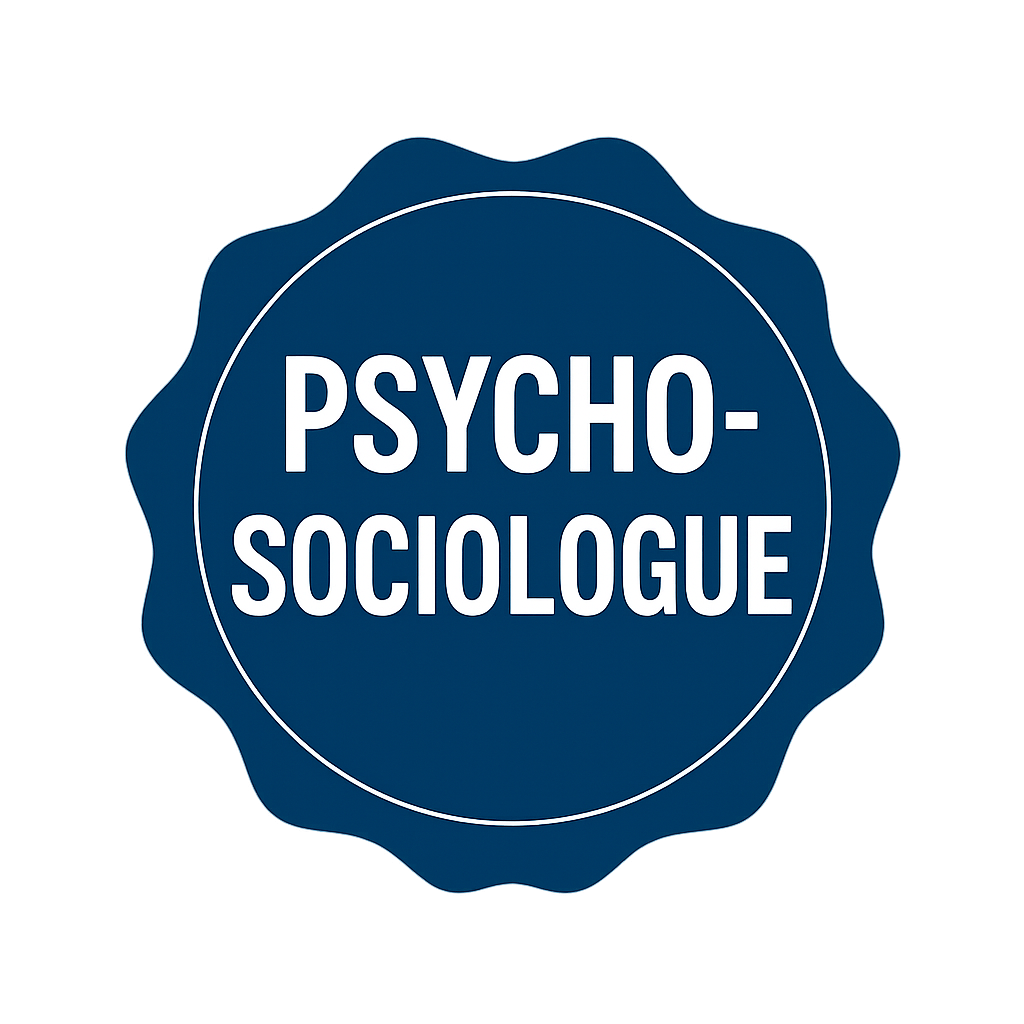 Insigne bleu foncé avec texte blanc : « PSYCHO-SOCIOLOGUE » (psychologue-sociologue).