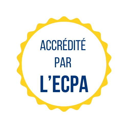 Logo : « Accrédité par L'ECPA » en texte bleu foncé au-dessus d'un emblème bleu et blanc.