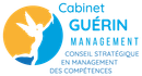 Logo : Silhouette d'un ange dans un cercle bleu, sur fond orange ; le texte indique &laquo; Cabinet GUERIN MANAGEMENT &raquo; et &laquo; Conseil Strat&eacute;gique&hellip; &raquo;