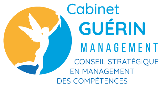 Logo : Silhouette d'un ange dans un cercle bleu, sur fond orange ; le texte indique &laquo; Cabinet GUERIN MANAGEMENT &raquo; et &laquo; Conseil Strat&eacute;gique&hellip; &raquo;