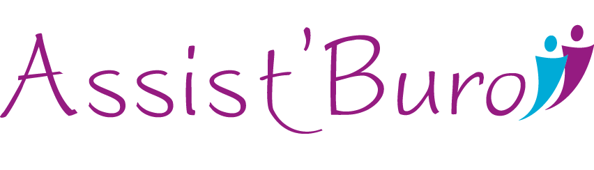 Logo d'Assist'Buro avec texte en violet et symbole stylisé de trois figures en turquoise et violet.