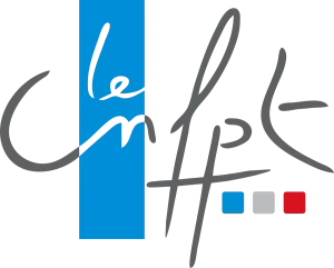 Logo pour CNFPT avec texte stylisé et barre verticale bleue, petits carrés colorés.