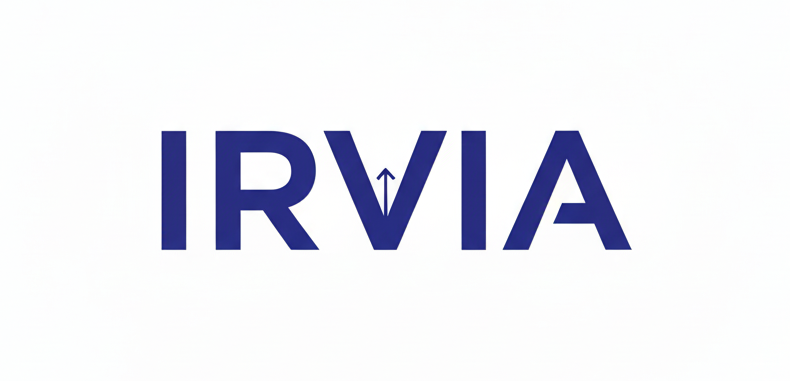 Le mot « IRVIA » en caractères bleu foncé, avec une flèche pointant vers le haut à travers le « V ».