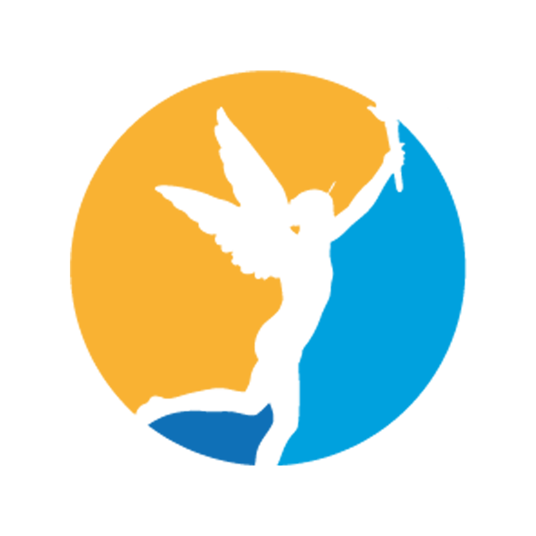 Silhouette d'une figure ailée tenant une torche, se détachant sur un cercle jaune et bleu.