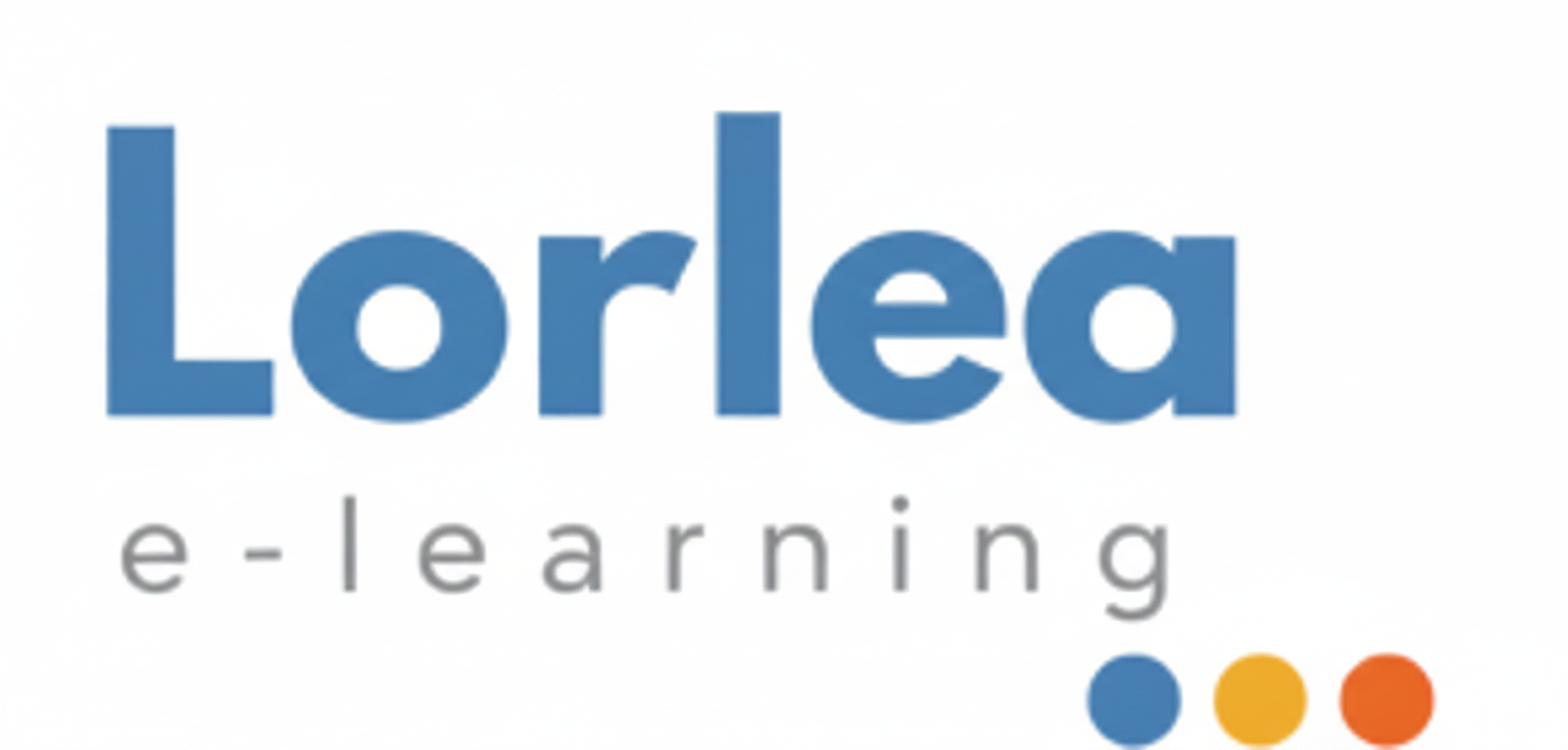 Logo pour la plateforme d'apprentissage en ligne Lorlea avec texte bleu et trois points de couleur en dessous.