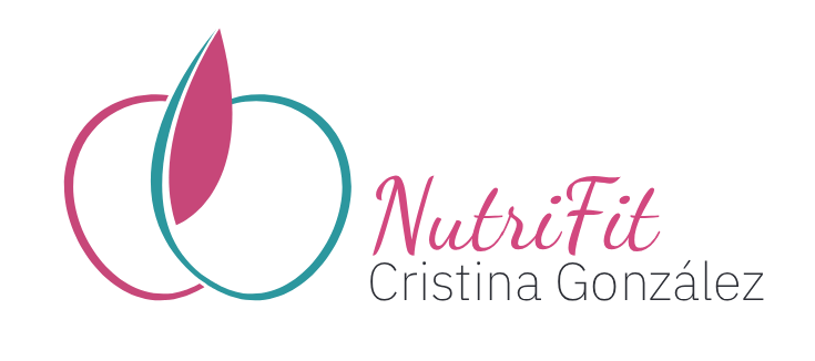 Logotipo de NutriFit Cristina González, con ilustraciones de frutas en tonos rosa y verde azulado.