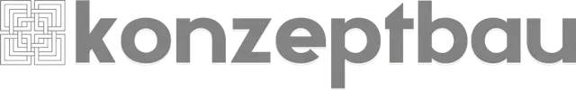 Graues „konzeptbau“-Logo auf weißem Hintergrund mit einem labyrinthartigen Symbol links.
