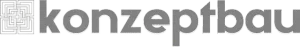 Graues „konzeptbau“-Logo auf weißem Hintergrund mit einem labyrinthartigen Symbol links.
