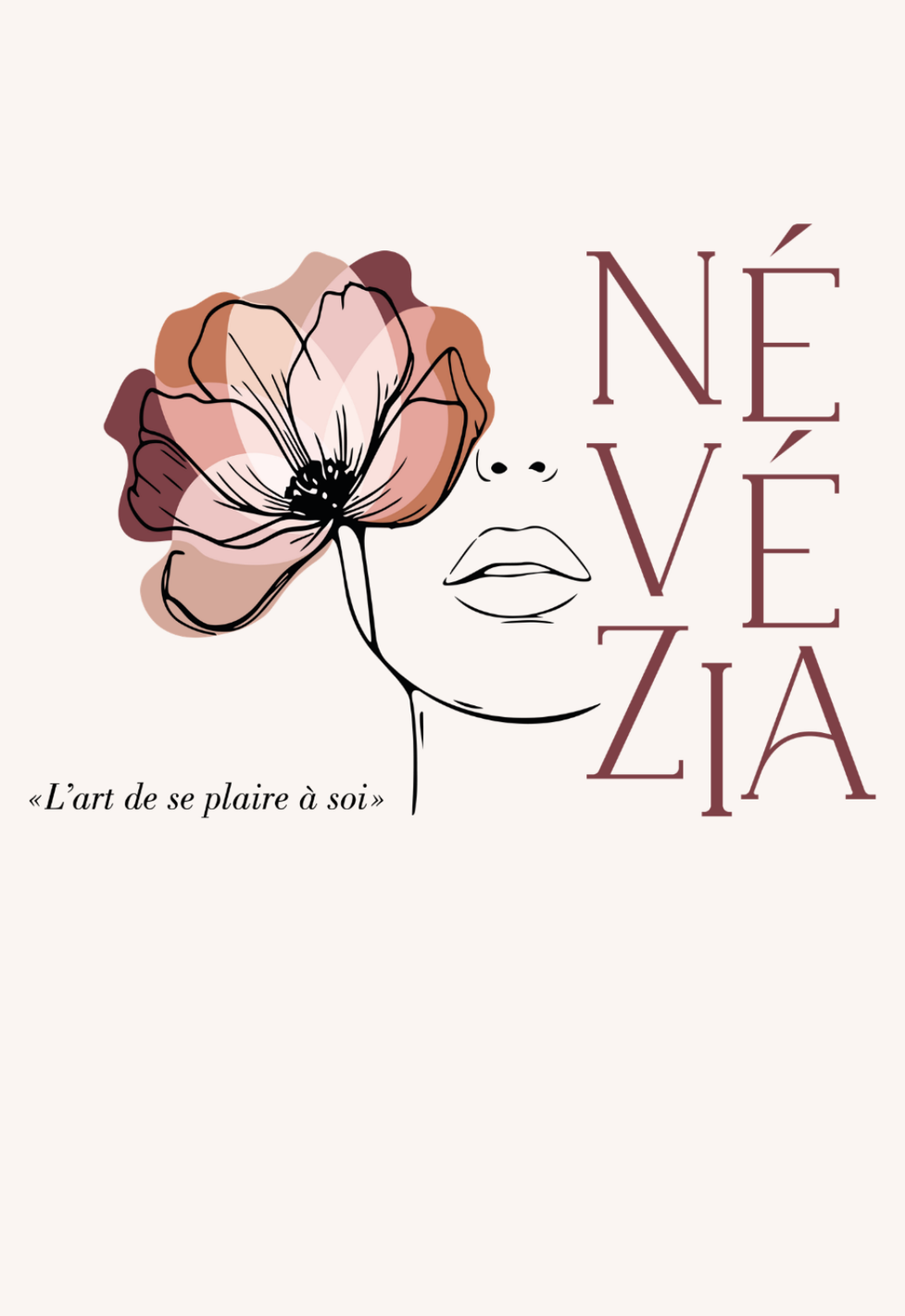 Couverture artistique avec une fleur rose, un croquis de visage minimaliste et le titre « NÉVÉZIA » sur un fond pâle.