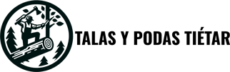 Logotipo de "Talas y Podas Ti&eacute;tar" que presenta un le&ntilde;ador cortando le&ntilde;a dentro de un c&iacute;rculo con texto a la derecha.