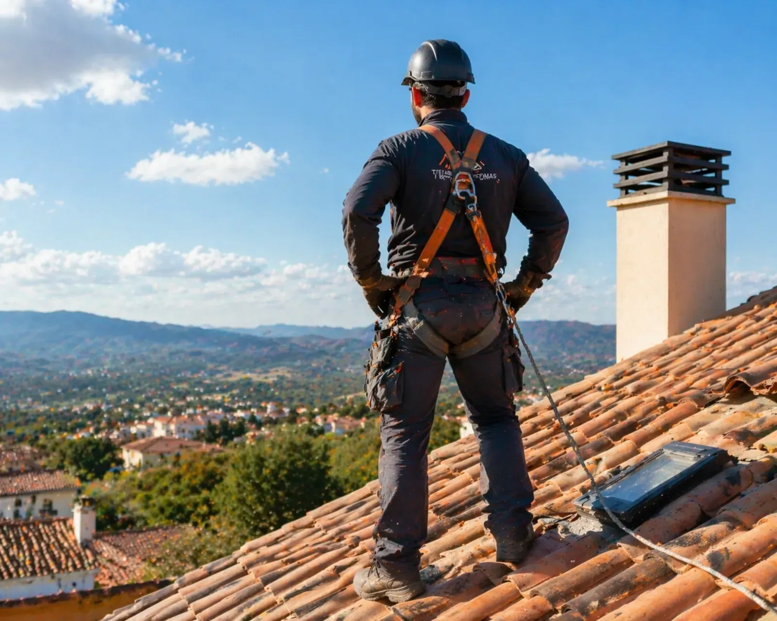 Un trabajador, con arnés de seguridad y casco, se encuentra de pie sobre un tejado de tejas con vistas a un paisaje bajo un cielo azul despejado.
