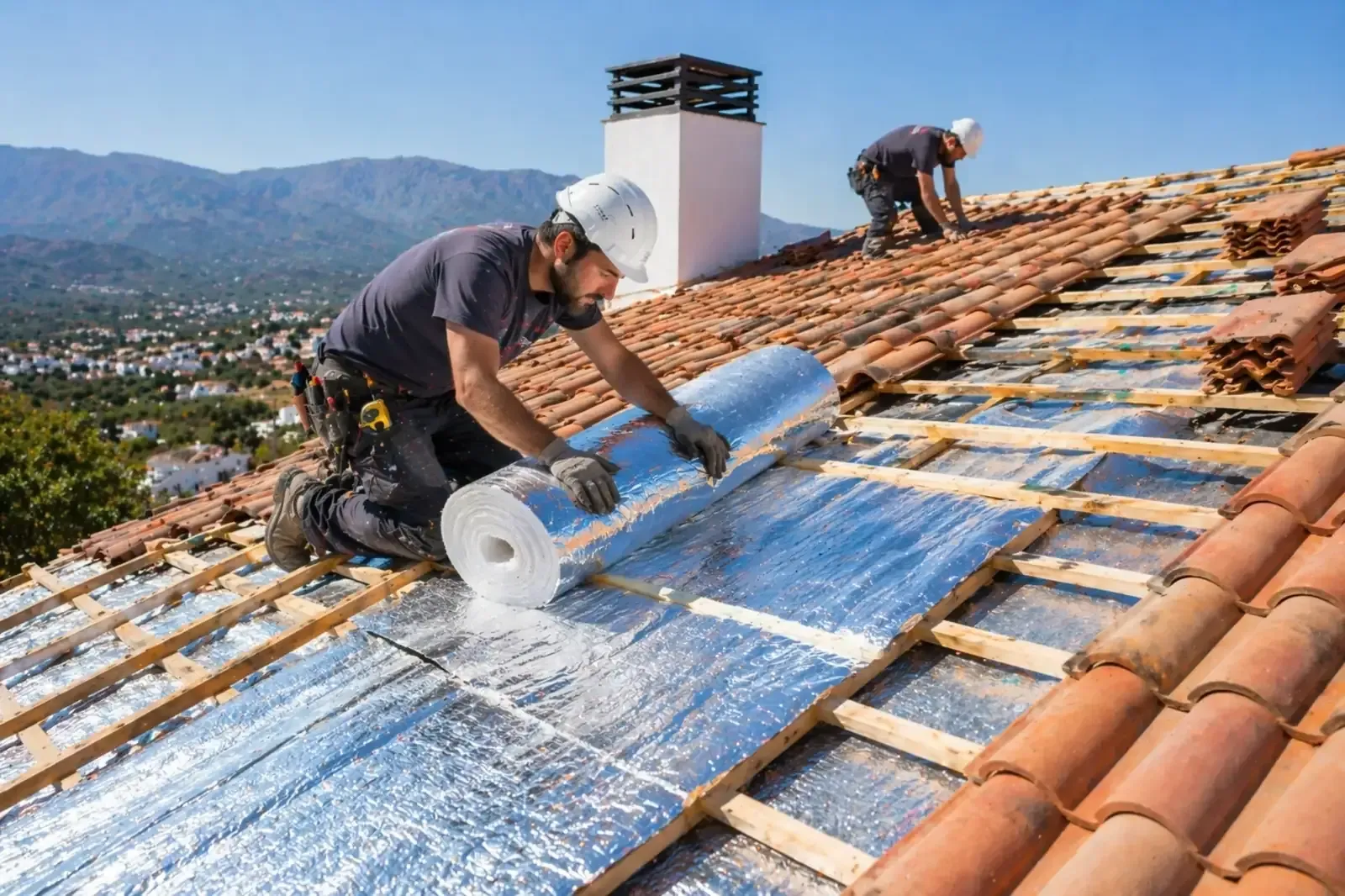 Dos obreros de la construcción, con cascos de seguridad, instalan aislamiento reflectante plateado en el tejado de una vivienda con tejas de terracota.