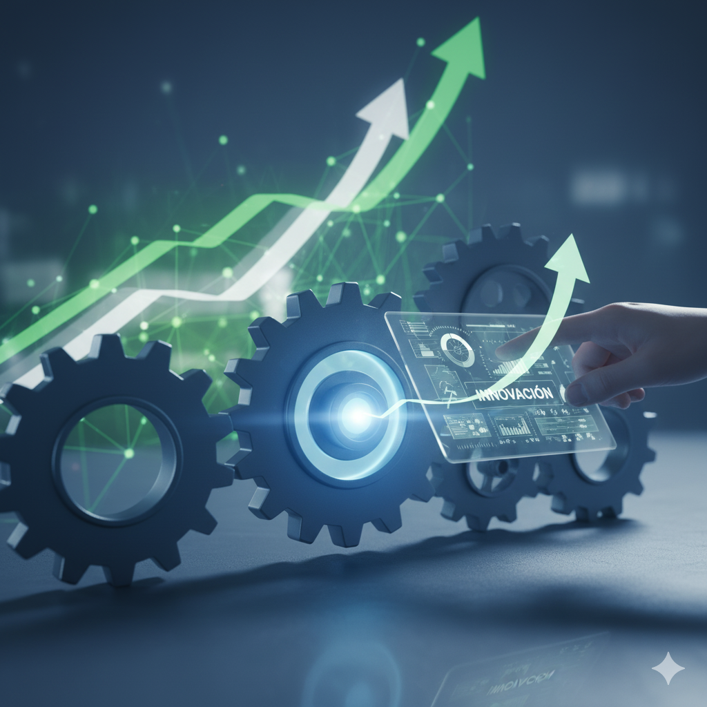 Engranajes con líneas de tendencia ascendentes y una mano que interactúa con una interfaz digital, simbolizando el crecimiento empresarial y la tecnología.