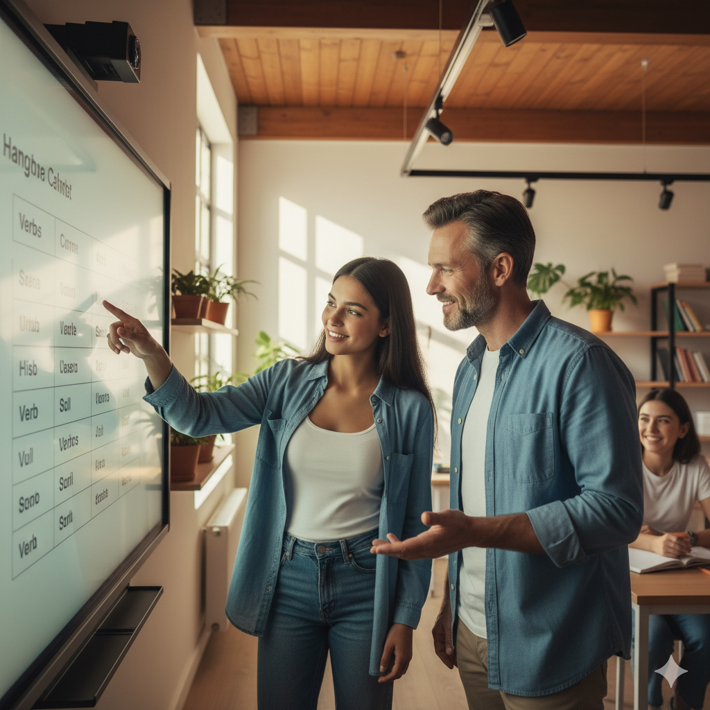 Dos personas en un aula junto a una pizarra, una de ellas señalando un texto, sonriendo. Al fondo, otros estudiantes y plantas.