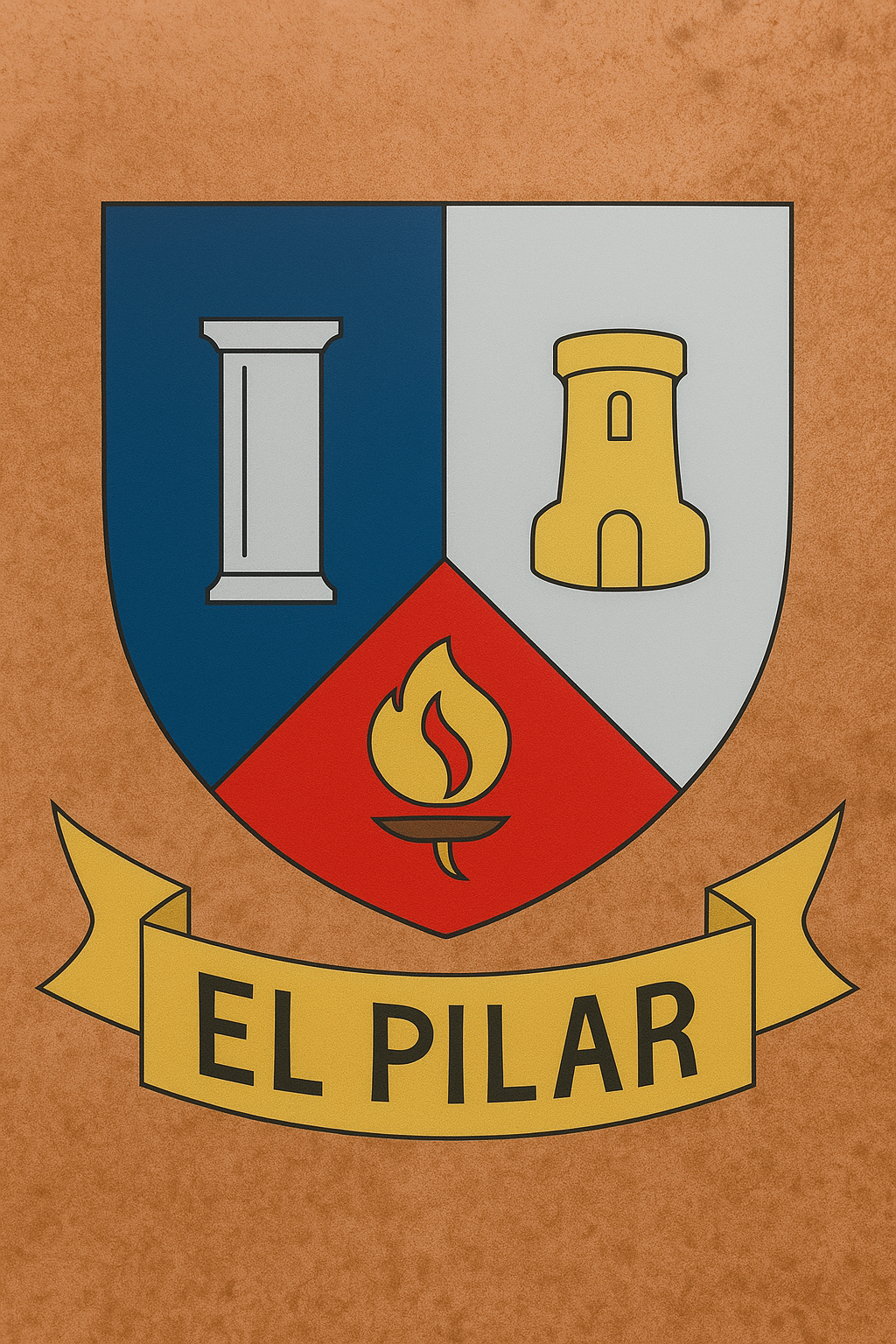 Escudo con tramos azules y blancos, símbolos de torre y columna, triángulo rojo con antorcha y estandarte