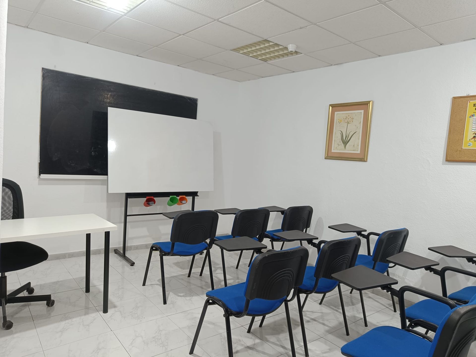 Aula vacía con filas de sillas azules y una pizarra.