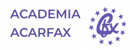 Logotipo de Academia Acarfax: texto y un s&iacute;mbolo rodeado de estrellas, todo en color violeta.
