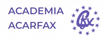 Logotipo de Academia Acarfax: texto y un s&iacute;mbolo rodeado de estrellas, todo en color violeta.