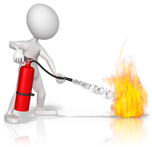 Un hombre en 3D está usando un extintor para apagar un incendio.