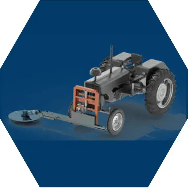 Un modelo de un tractor sobre un fondo azul.