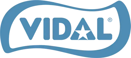 Un logotipo de Vidal azul sobre un fondo blanco.