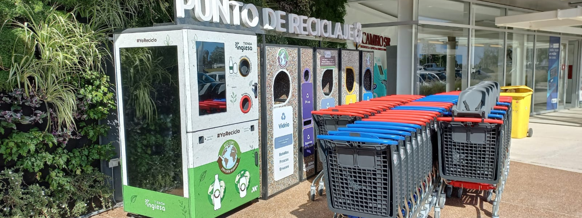 Una fila de carritos de compra están estacionados frente a un edificio.