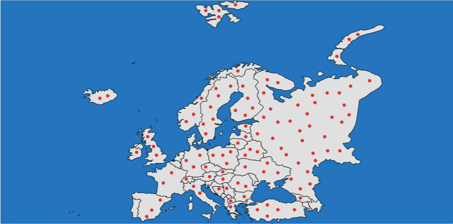 Un mapa de Europa con puntos rojos.