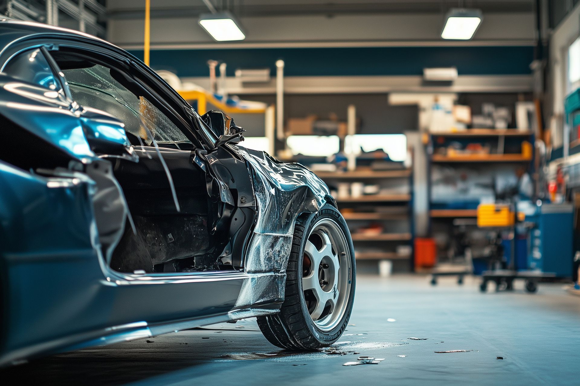 Rotes Auto in der Werkstatt beim Lackieren