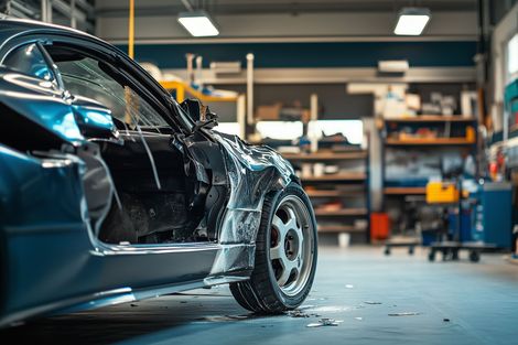 Rotes Auto in der Werkstatt beim Lackieren Rotes Auto in der Werkstatt beim Lackieren