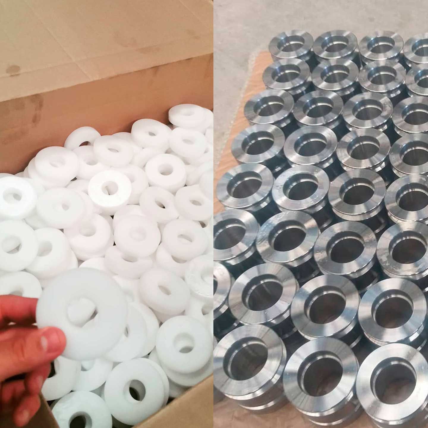 Una caja de arandelas blancas junto a una pila de arandelas de metal