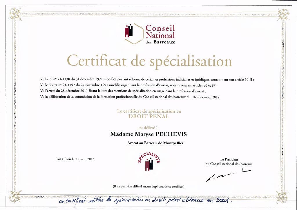 Certificat de spécialisation en droit pénal de Me Pechevis