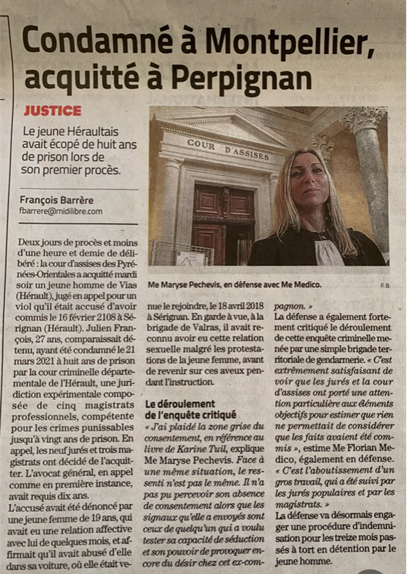 Article de journal pour l'acquittement d'un client de Maître Pechevis