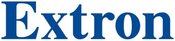 Das Wort „Extron“ ist in blau auf weißem Hintergrund geschrieben.