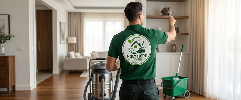 Un homme en chemise verte nettoie un mur de son salon au plumeau, des produits de nettoyage à proximité.