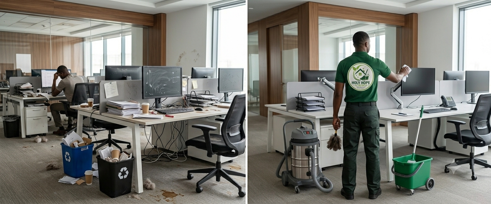 Agent d'entretien en chemise verte nettoyant un espace de travail moderne à aire ouverte