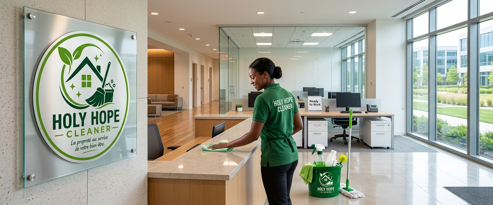 Une femme agent de nettoyage en uniforme vert passe l'aspirateur dans le hall lumineux d'un immeuble de bureaux, à côté d'une enseigne de Holy Hope Cleaner