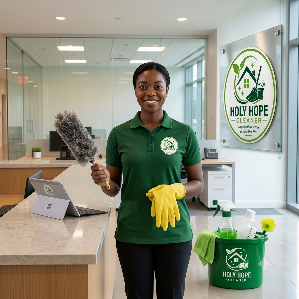 Une femme  agent de nettoyage tient un plumeau et des gants au comptoir du bureau de Holy Hope Cleaner