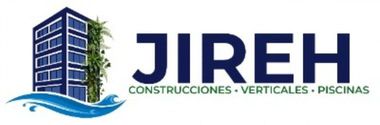 Logotipo de JIREH con un icono azul de un edificio y el texto «CONSTRUCCIONES - VERTICALES - PISCINAS»